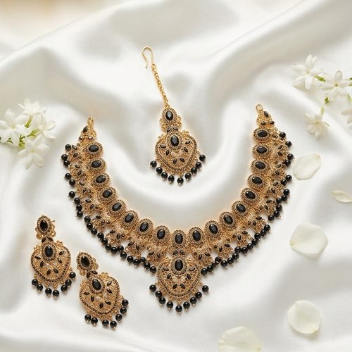Imperial Black Pearl & Antique Gold Bridal Jewelry Set
