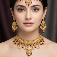 Traditional Handcrafted Gold-Plated Necklace Set with Ruby Accents & Layered Chains