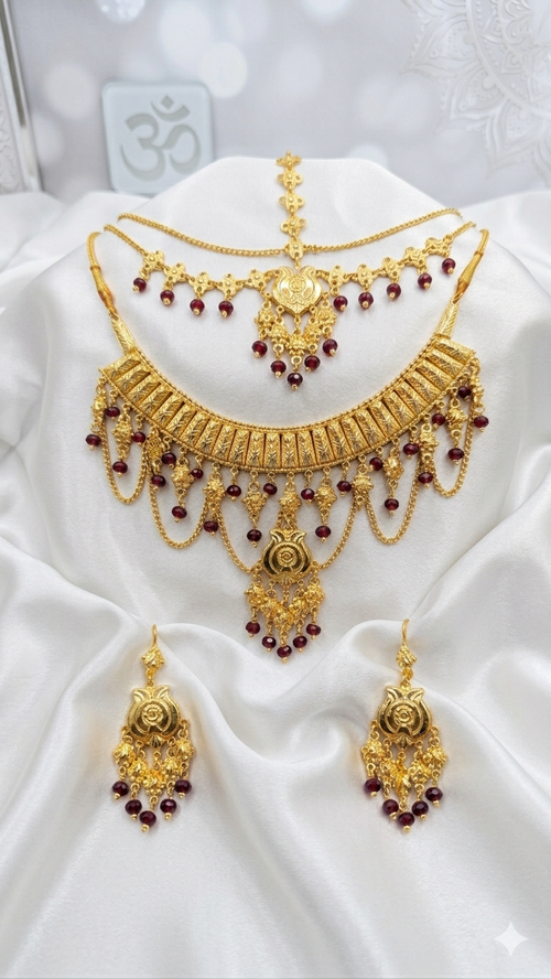 Traditional Handcrafted Gold-Plated Necklace Set with Ruby Accents & Layered Chains