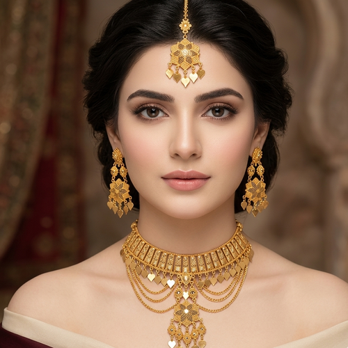 Elegant Traditional Gold-Plated Bridal Jewelry Set with Layered Chains