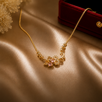 Delicate Floral Butterfly Gold Necklace with Soft Pink & Black Stones
