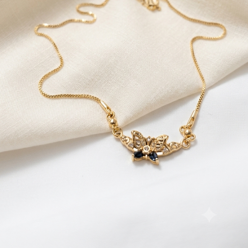 Delicate Floral Butterfly Gold Necklace with Soft Pink & Black Stones