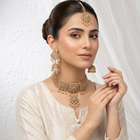 Zeenat Antique Gold Choker Set with Maang Tikka & Jhumkas