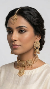 Zeenat Antique Gold Choker Set with Maang Tikka & Jhumkas