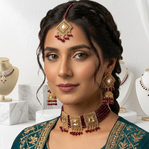 Zeenat Antique Gold Choker Set with Maang Tikka & Jhumkas