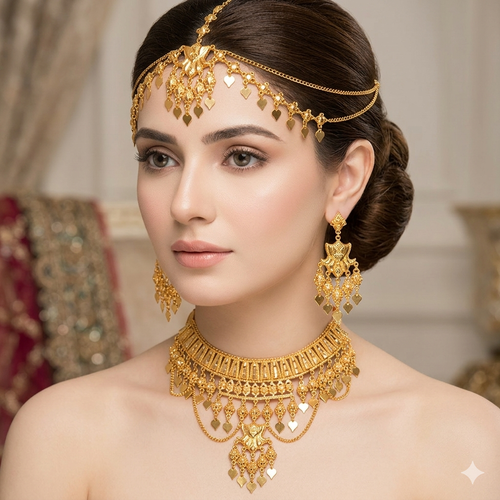 Riyasati Virasat: Antique Gold Bridal Choker, Matha Patti, & Earrings Set