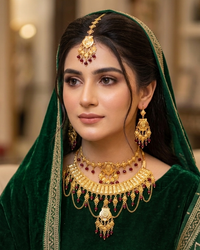 Traditional Handcrafted Gold-Plated Necklace Set with Ruby Accents & Layered Chains