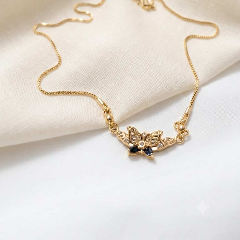 Delicate Floral Butterfly Gold Necklace with Soft Pink & Black Stones