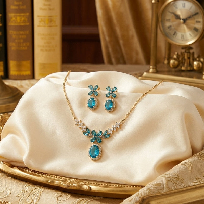 The Azure Blossom Crystal Pendant Set with earring