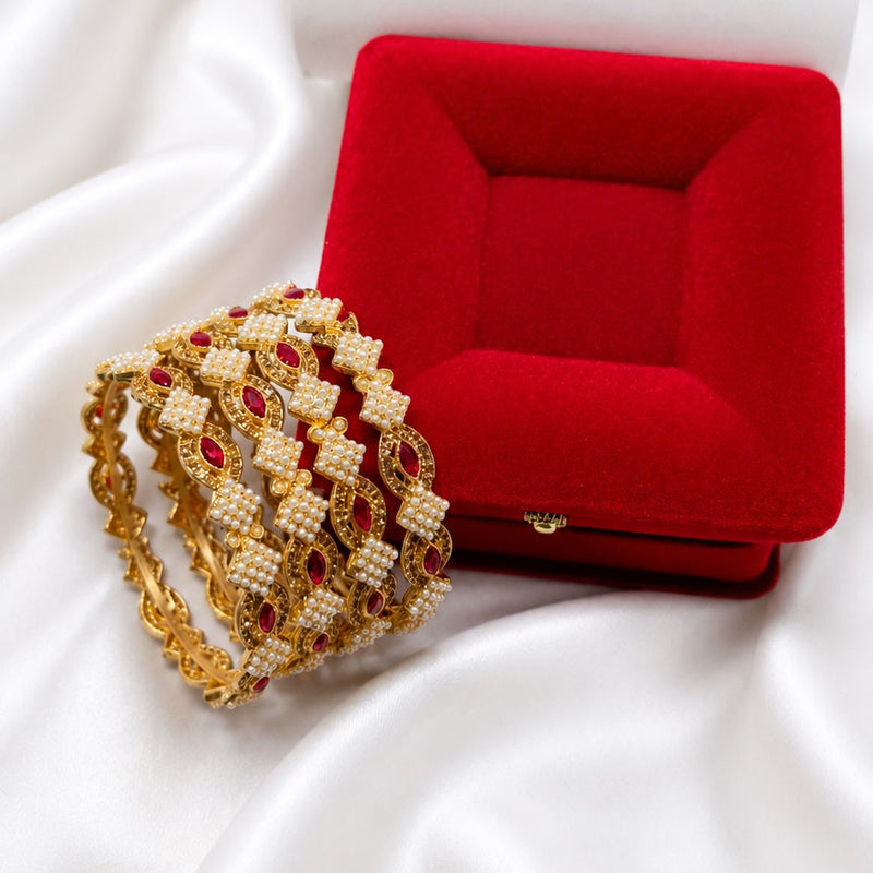 Royal Pearl & Ruby-Toned Decorative Bangle Set for Women